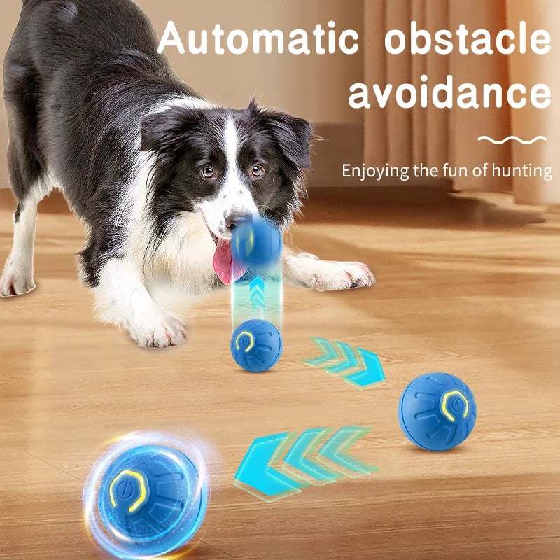 Blauer SmartBounce™ interaktiver Hundeball mit geschwungenen Rillen und gelben Akzenten beim Spielen
