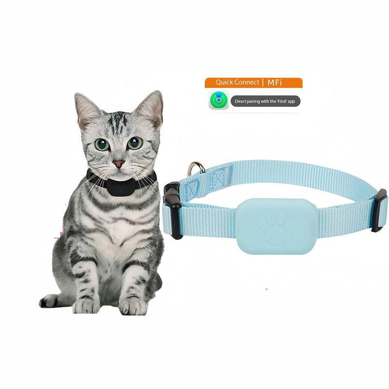 Hellblaues TrackTag™ Tracking-Halsband mit gewebtem Gurt, rechteckigem Tracker und schwarzer Schnalle