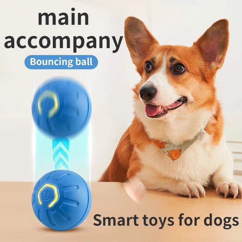 Blauer SmartBounce™ interaktiver Hundeball mit geschwungenen Rillen und gelbem kreisförmigem Detail