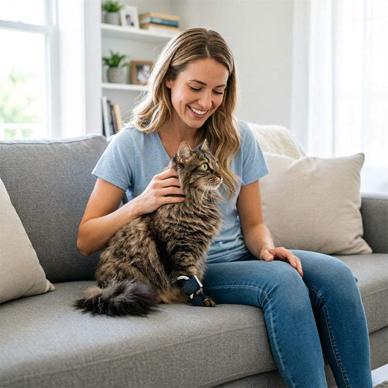Schwarze PawSupport™ Beinbandage mit verstellbaren Gurten am Vorderbein einer getigerten Katze